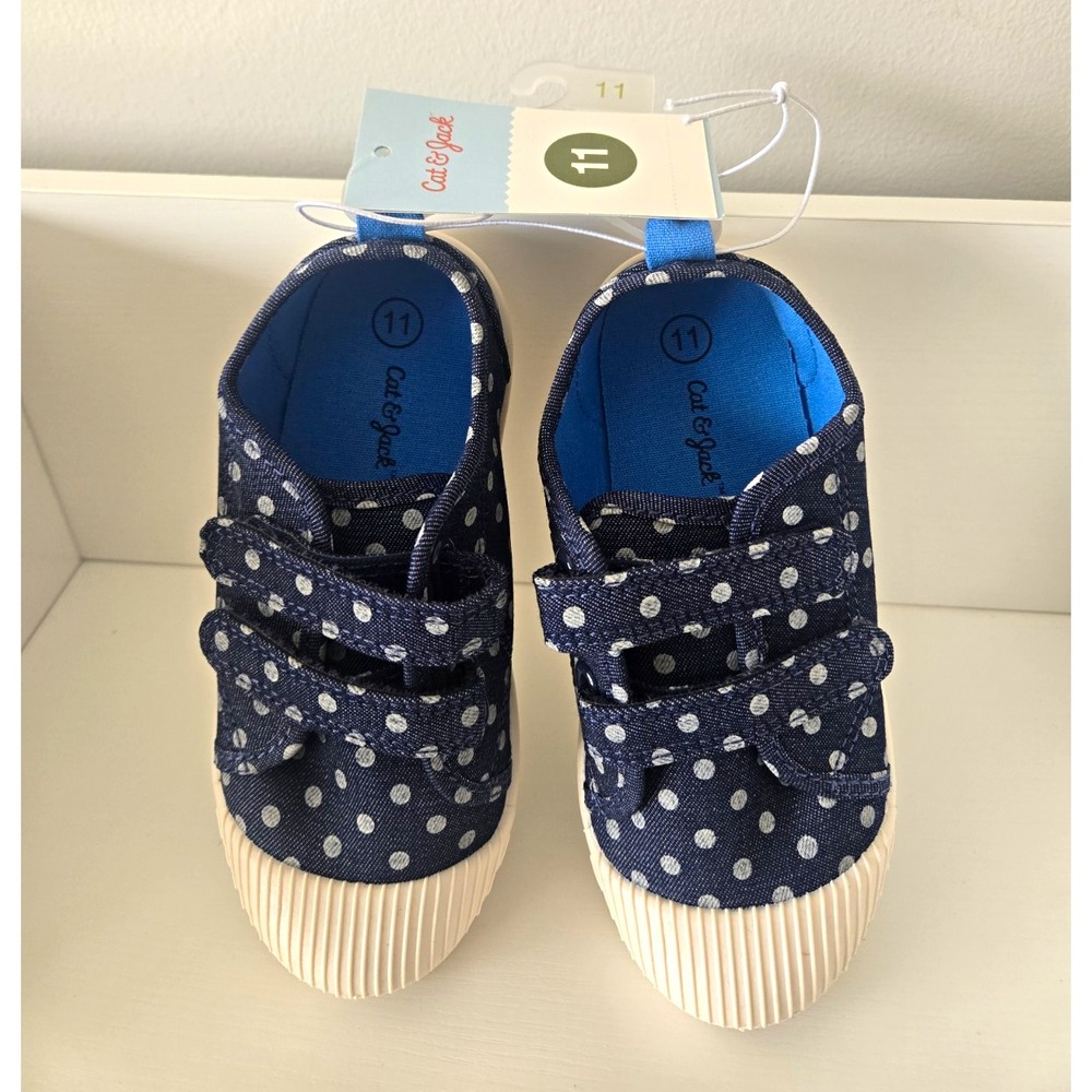 Cat & Jack Low Top Hook & Loop Polka Dot Sneakers Navy/White Unisex 11